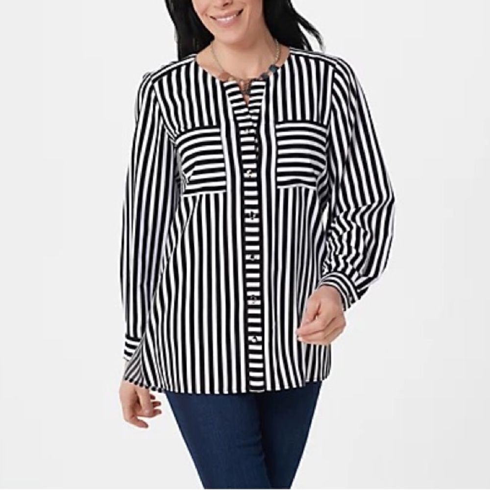 Dennis Basso Nautical Stripe Side Slits Woven Tunic